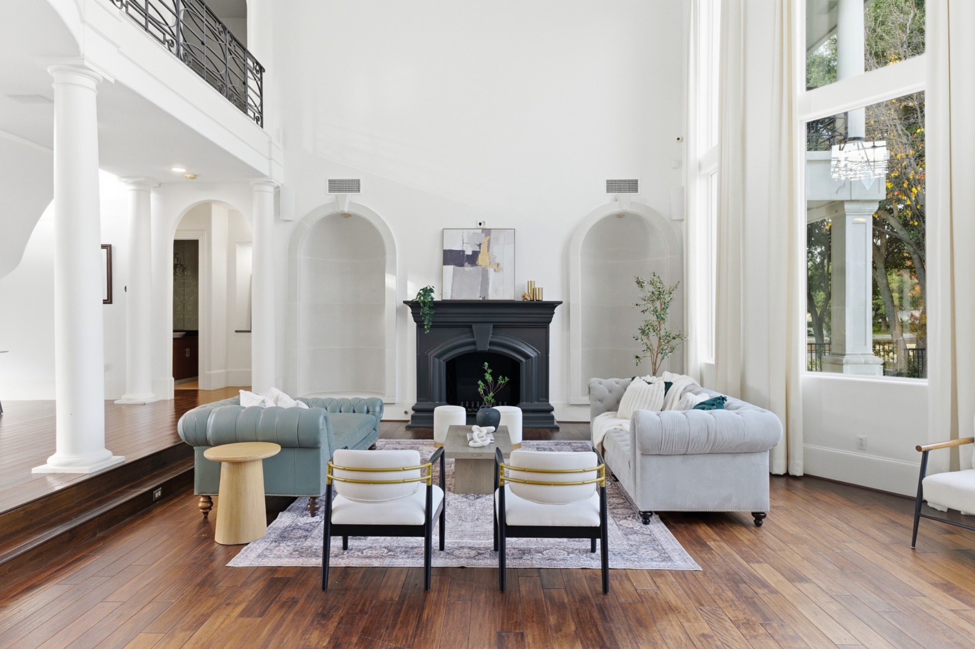 Living room with fireplace and architectural details